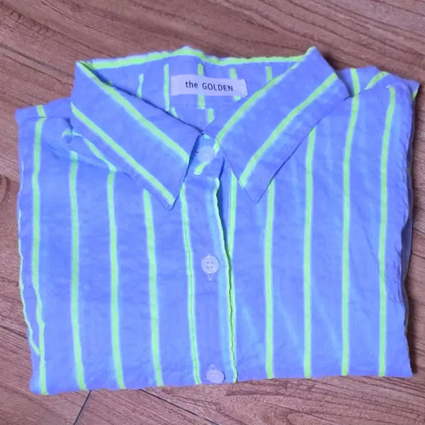[BUNJANG] Asa Cotton Blue Green Stripe Shirt / 아사면 블루에 녹색 스트라이프 셔츠 새상품