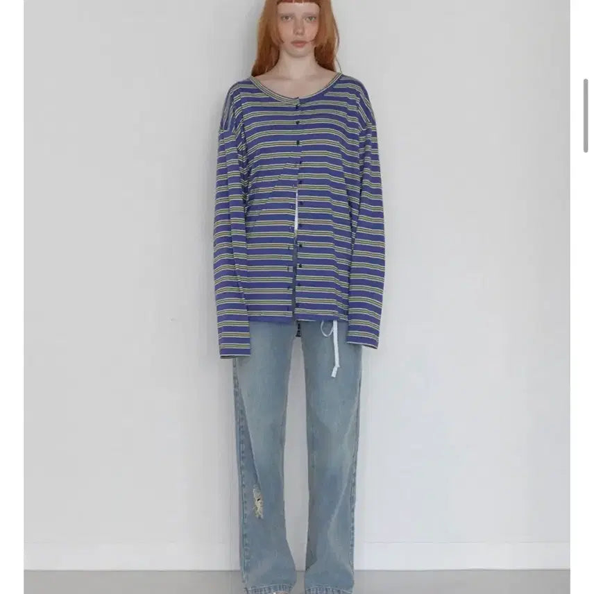[BUNJANG] L'ense Stripe Button Long Sleeve Blue / 렌세 Stripe Button Long Sleeve Blue