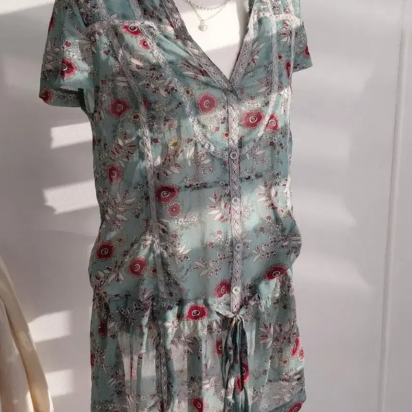 [BUNJANG] Vintage Mint Floral Pattern Chiffon Mini Dress / [빈티지] 민트 플로럴 패턴 시폰 원피스