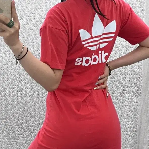 [BUNJANG] Adidas Y2K Retro Coral Red Short Sleeve Mini Dress XS / 아디다스 Y2K 레트로 코랄레드 반팔 미니원피스 XS C13029