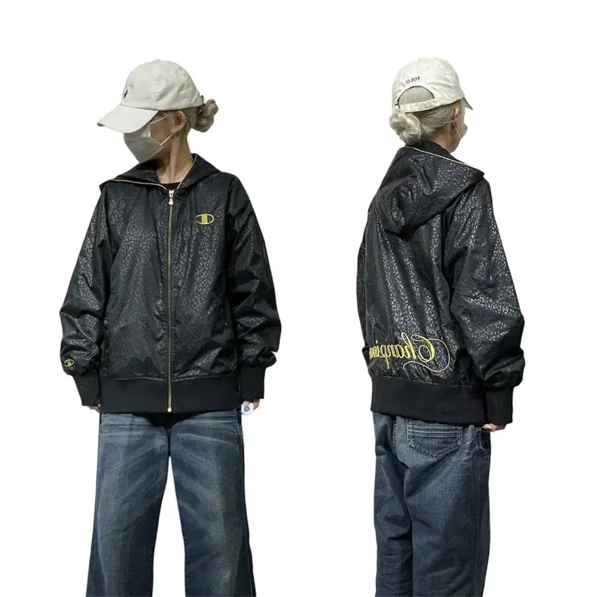 [BUNJANG] Champion Black Gold Big Logo Windbreaker Track Jacket L / 챔피온 블랙 후드 골드 빅 로고 바람막이 트랙 자켓 L
