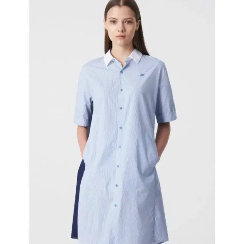 [BUNJANG] Beanpole Sport Blue Color Block Long Shirt Dress / 빈폴 스포츠 원피스형 블루 배색 롱셔츠 / 85