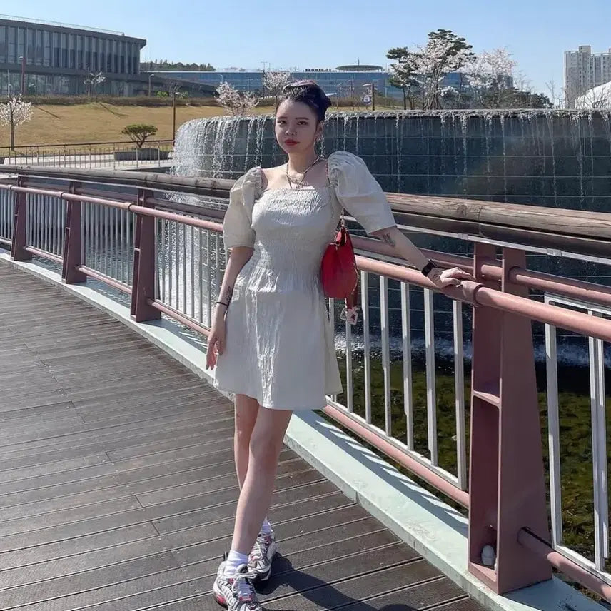 [BUNJANG] Annqueen Puff Sleeve Dress Ivory / 안나퀸 퍼프소매 원피스