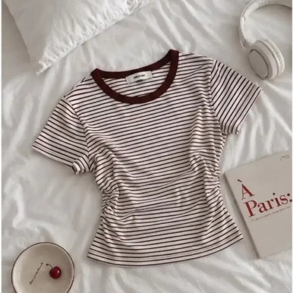 [BUNJANG] Pepero Stripe Shirring Short Sleeve T-Shirt / 빼빼로 스트라이프 단가라 셔링 반팔 티셔츠 4color
