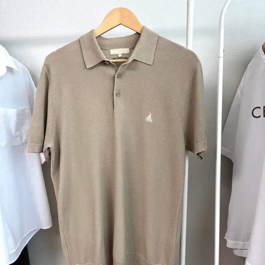 [BUNJANG] Beanpole Beige Knit Short Sleeve Polo Shirt / 빈폴 베이지 고급 니트 반팔 카라티 베이지 남성 95