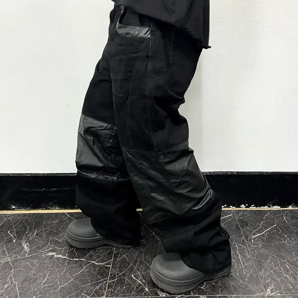 [BUNJANG] INSILENCE Leather Patch Wide Pants Black / 인사일러스 레더 패치 와이드 팬츠 블랙