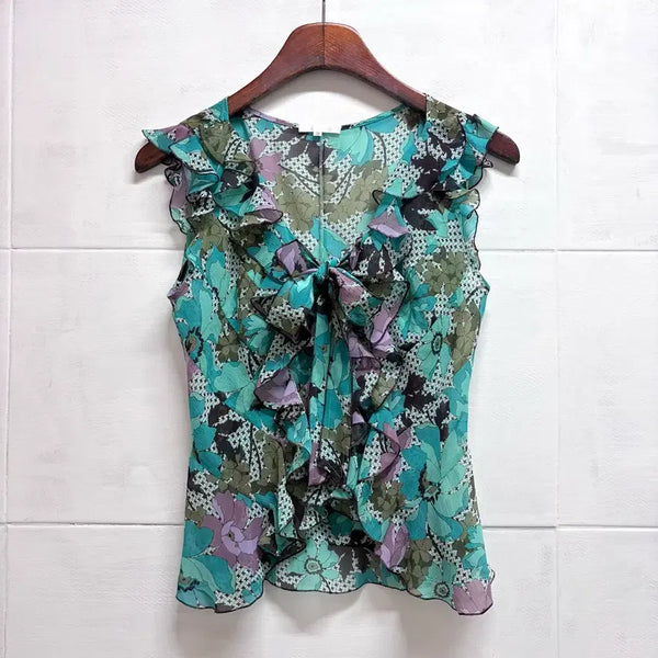 [BUNJANG] FRAGILE Blue Ruffle Frill Ribbon Fairy Sleeveless Blouse JP 38 / FRAGILE 블루 러플 프릴 리본 페어리 슬리브리스 블라우스 38 JP