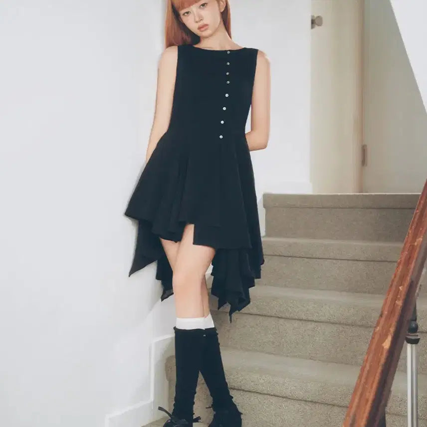 [BUNJANG] Miseki Seoul Unbalanced Flow One Piece Dress Black / [미세키서울] Unbalanced flow one piece BLACK