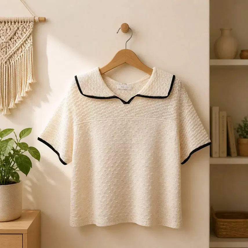 [BUNJANG] SJSJ Sailor Collar Short Sleeve Knit - Ivory / 한섬 SJSJ 2024 세일러 카라 배색 반팔 니트  F사이즈