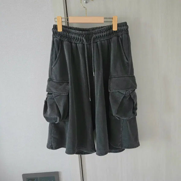 [BUNJANG] Pigment Washed Garment Dyed Cargo Shorts / 남여공용 피그먼트워싱 가먼트다잉 카고반바지 차콜 고무줄바지