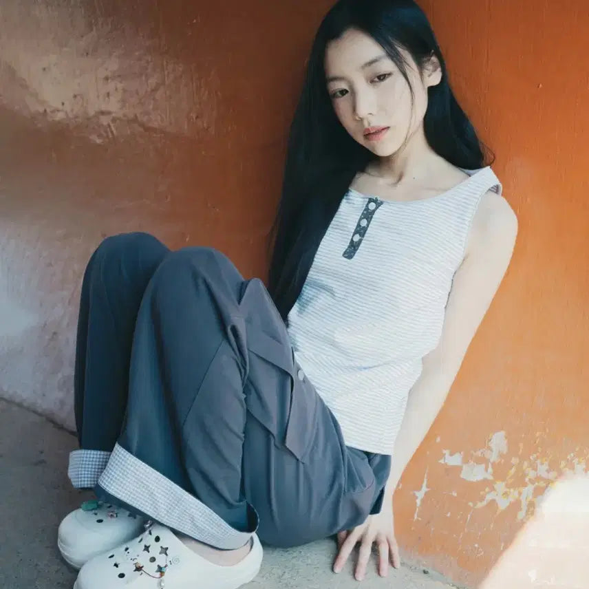 [BUNJANG] OHEHIO Button Point Stripe Sleeveless / [오헤시오] BUTTON POINT STRIPE SLEEVELESS