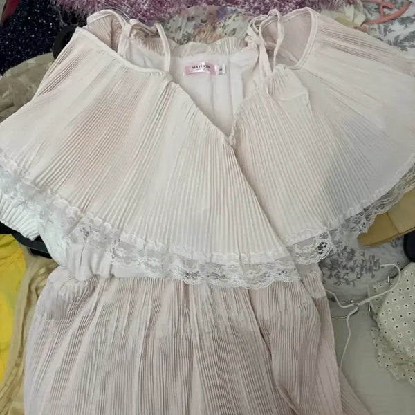 [BUNJANG] Mayyun Chiffon Pleated Lace Mini Dress Pink / 메이윤 쉬폰 플리츠 레이스 원피스 핑크 (7월까지 판매)