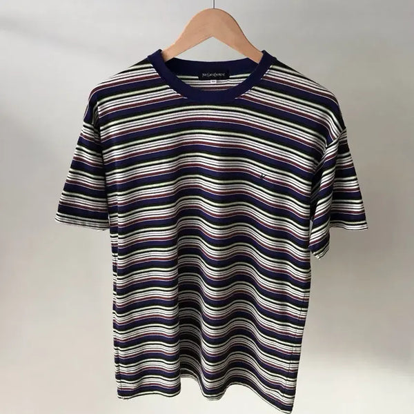 [BUNJANG] Saint Laurent Striped Short Sleeve T-Shirt / 입생로랑 로고 단가라 반팔
