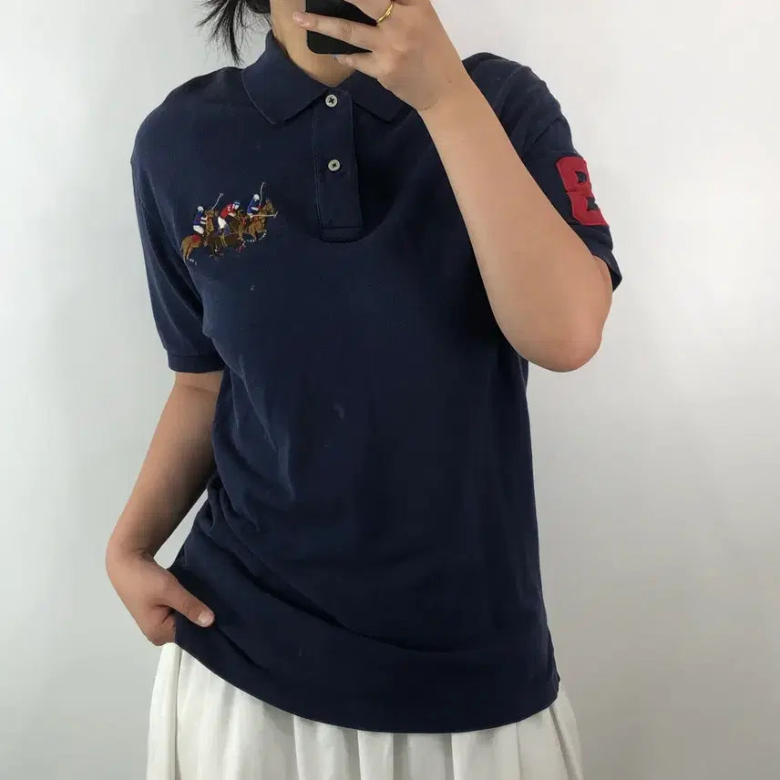 [BUNJANG] Polo Ralph Lauren Triple Big Pony Navy Collar Short Sleeve T-Shirt / [S] 폴로 트리플 빅포니 네이비 카라 반팔티