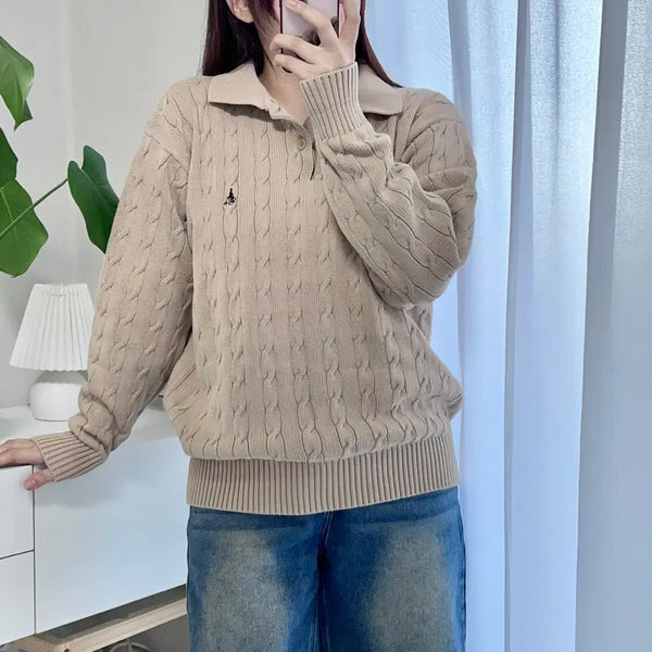 [BUNJANG] Beanpole Beige Cable Knit Collar Sweater (100) / 빈폴 베이지 꽈배기 카라니트 [ 100 ]
