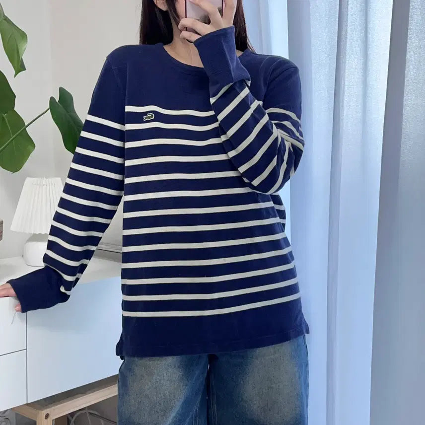 [BUNJANG] Lacoste Navy Striped Waffle Long Sleeve T-Shirt (M) / 라코스테 네이비 단가라 와플 긴팔티 [ M ]