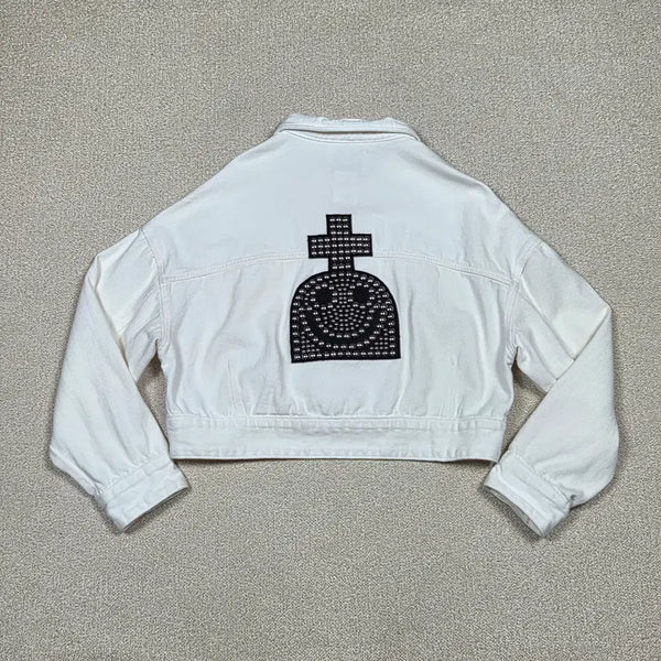 [BUNJANG] Devastée Back Stud Tombstone Smile Crop Denim Jacket / [데바스테] 백 스터드 묘비 스마일 크롭 데님 자켓 | A00547