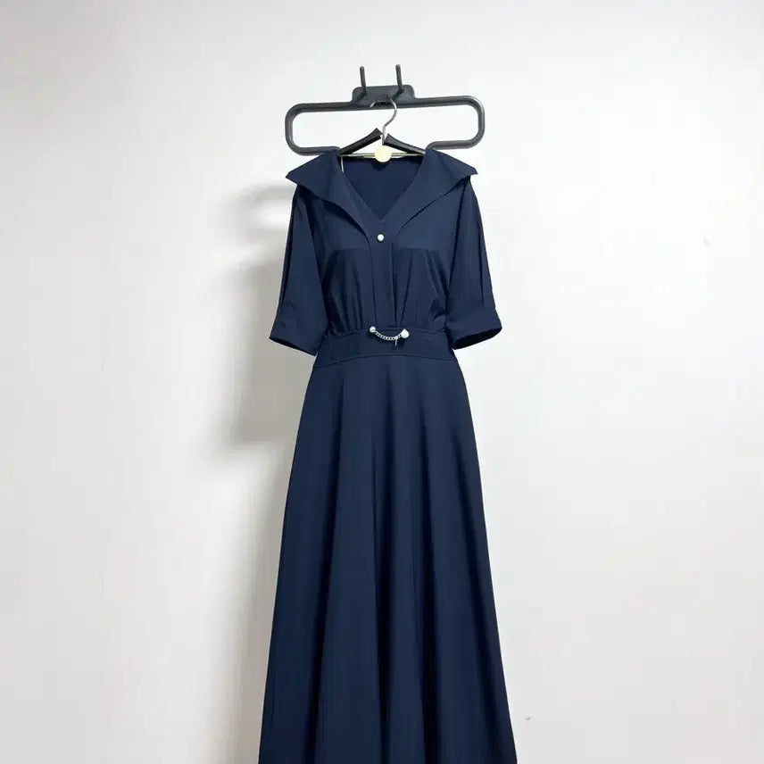 [BUNJANG] System Navy Pearl Jewel Detail Ribbed Waistband Midi Dress / 시스템원피스