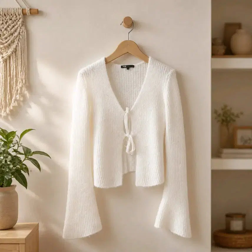 [BUNJANG] Maje Mohair Blend Ribbon Cropped Knit Cardigan / 마쥬(Maje) 모헤어 블렌드 리본 크롭 니트 가디건 1사이즈