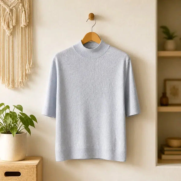 [BUNJANG] KUHO Light Blue Half-High Neck Short Sleeve Knit - Wool Silk Blend (Size S) / 구호(KUHO) 2023 반하이넥 울 반팔 니트 S사이즈