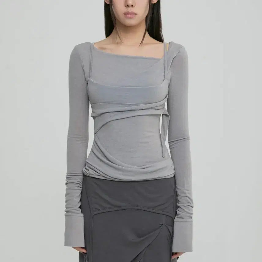 [BUNJANG] Flare Up Layered Bustier Long Sleeve / [새상품/그레이] 플레어업 레이어드 뷔스티에 롱슬리브 긴소매 긴팔