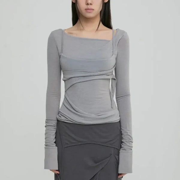 [BUNJANG] Flare Up Layered Bustier Long Sleeve / [새상품/그레이] 플레어업 레이어드 뷔스티에 롱슬리브 긴소매 긴팔
