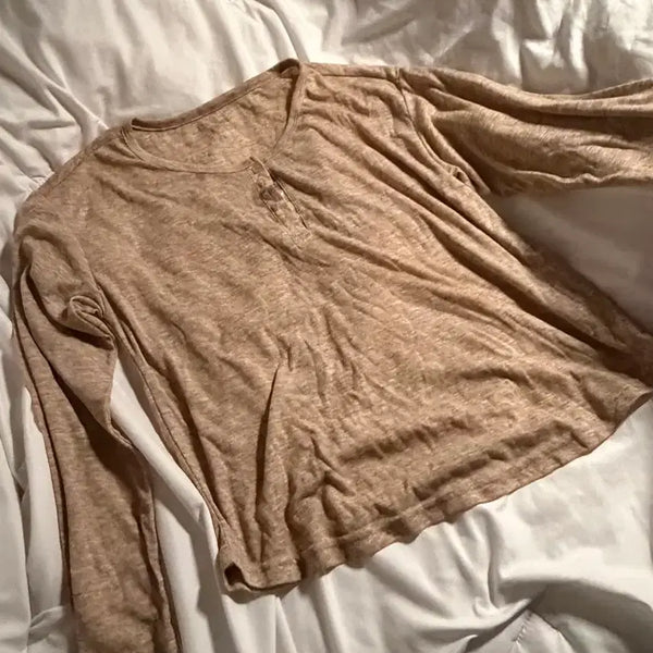 [BUNJANG] Beige Round Neck Long Sleeve Sheer T-Shirt / 베이지색 라운드넥 긴팔 티셔츠 롱슬리브 후들후들 시스루