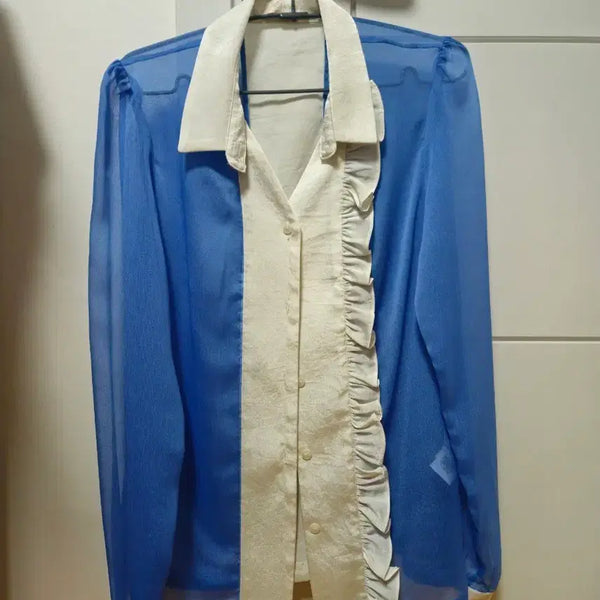 [BUNJANG] Not Your Roses Red Velvet Yeri Wear Blue & Ivory Frill Blouse / 낫유어로즈 레드벨벳 예리 착용 블라우스