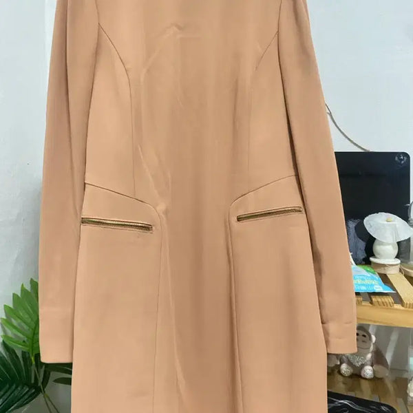 [BUNJANG] Beige Long Dress with Gold Zipper Detail / 베이지색 금장 지퍼 원피스
