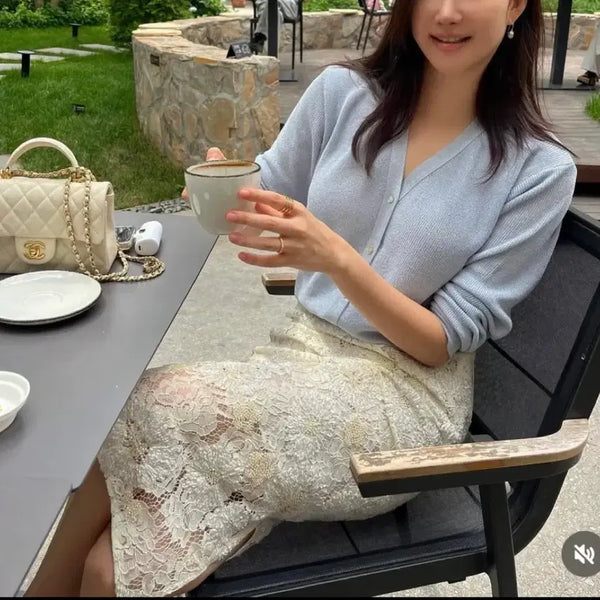 [BUNJANG] Remi Pearl V-Neck Sky Blue Summer Cardigan / 르뮈 펄 브이넥 스카이블루 써머 가디건