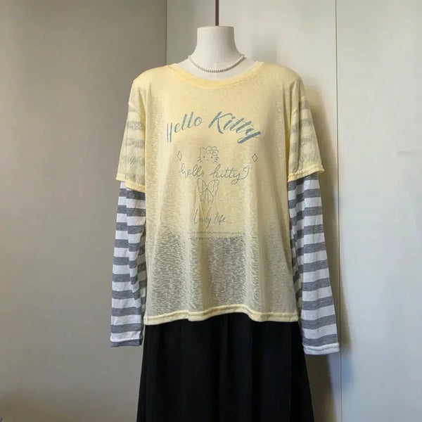 [BUNJANG] Hello Kitty Yellow Layered Long Sleeve T-Shirt / 헬로키티 옐로우 레이어드 긴팔 티셔츠 냉감티  시원한 티