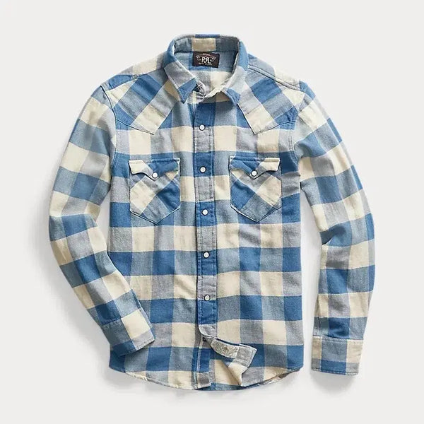 [BUNJANG] RRL Slim Fit Plaid Twill Western Shirt Indigo Cream / RRL 슬림핏 플래드 트윌 웨스턴 셔츠 인디고크림 L