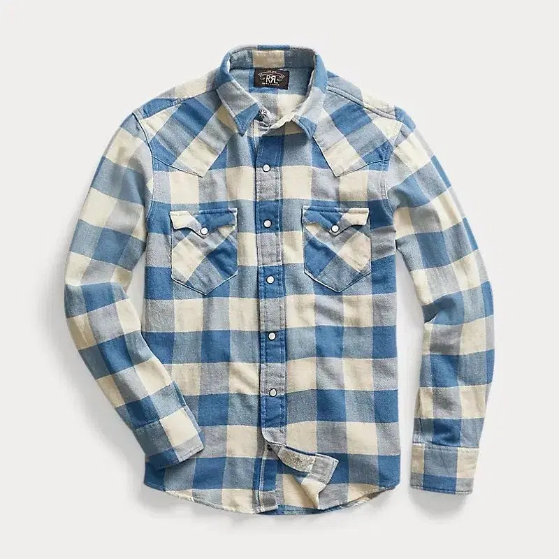 [BUNJANG] RRL Slim Fit Plaid Twill Western Shirt Indigo Cream M / RRL 슬림핏 플래드 트윌 웨스턴 셔츠 인디고크림 M