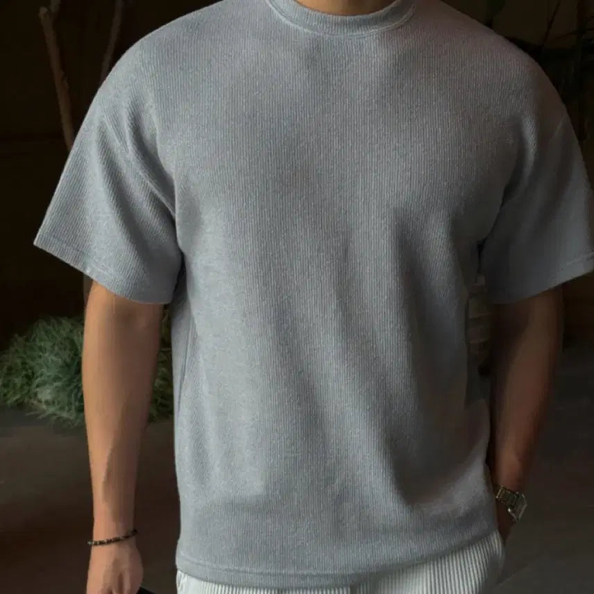 [BUNJANG] Men's Ribbed Short-Sleeve T-Shirt - Grey / 남자 반팔 골지 티셔츠 그레이