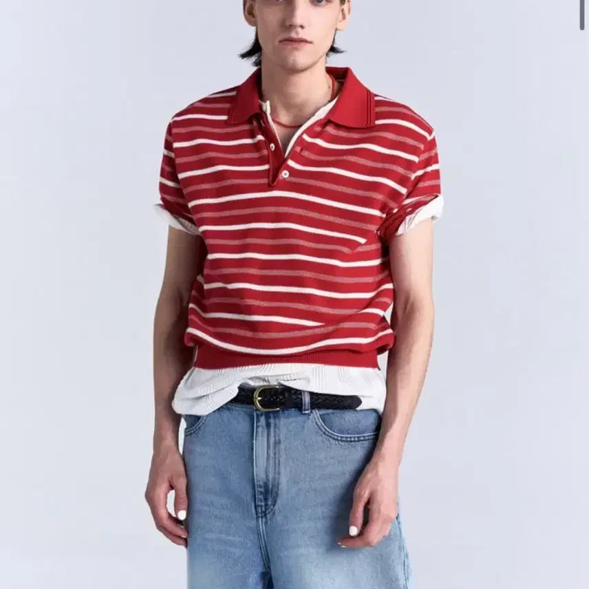 [BUNJANG] NOICE Stripe Collar T-shirt Red L / 노이스 스트라이프 카라티 L 레드