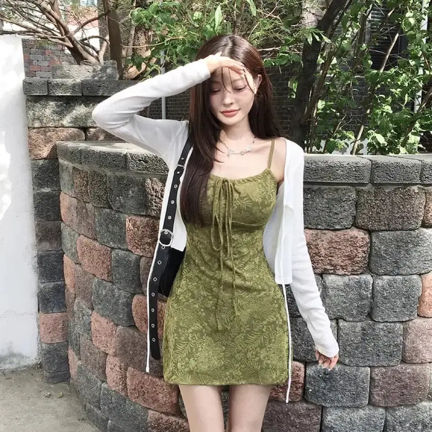 [BUNJANG] Classic Blanc Set - Linen Crop Knit Cardigan & Jacquard Lace Ribbon Camisole Dress / 클래식블랑 set