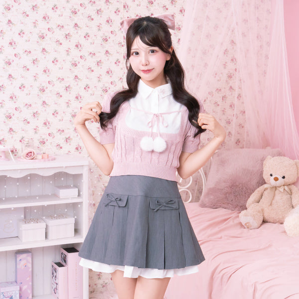 [BUNJANG] Lafary Pompom Short Sleeve Knit Layered Shirt / Lafary 라파리 셔츠 레이어드 폼폼 반팔 니트