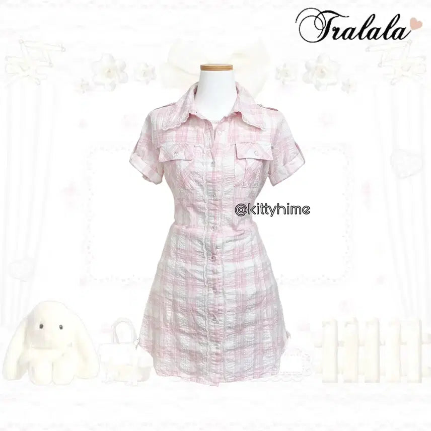[BUNJANG] Tralala Pink Check Lace Shirt Dress / Tralala 트랄라라핑크 셔츠 러블리 히메갸루 로맨틱갸루 로걀