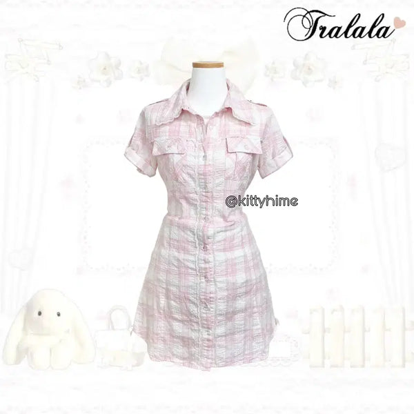 [BUNJANG] Tralala Pink Check Lace Shirt Dress / Tralala 트랄라라핑크 셔츠 러블리 히메갸루 로맨틱갸루 로걀