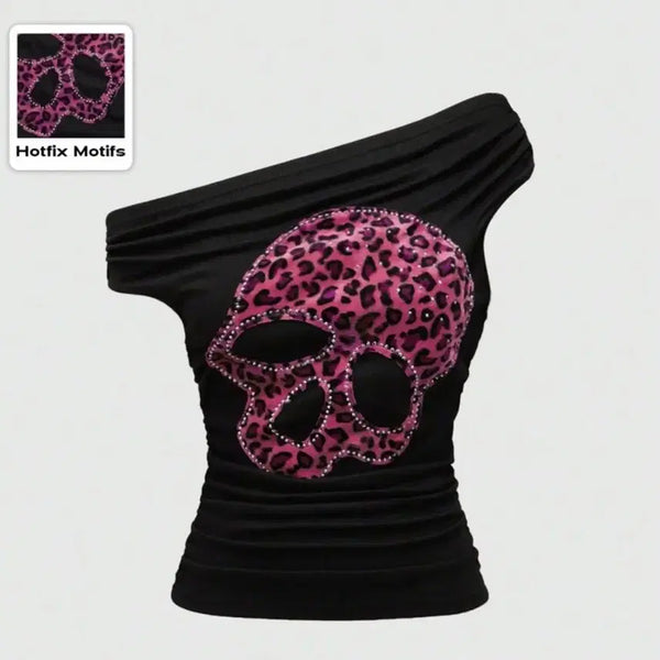 [BUNJANG] Skull Gyaru One-Off Shoulder T-Shirt Leopard Punk / 해골 갸루 원오프숄더 티셔츠 레오파드 펑크