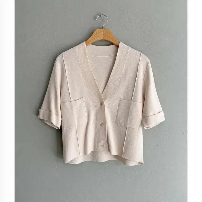 [BUNJANG] Cream V-neck Linen Knit Cardigan / 크림색 브이넥 린넨니트 가디건