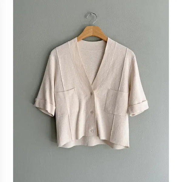 [BUNJANG] Cream V-neck Linen Knit Cardigan / 크림색 브이넥 린넨니트 가디건