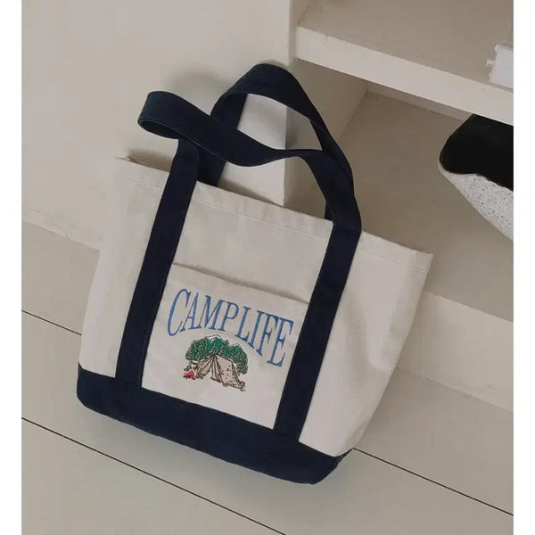 [BUNJANG] Slowand Embroidered Detail Canvas Bag Navy / 슬로우앤드 자수디테일 캔버스백 네이비