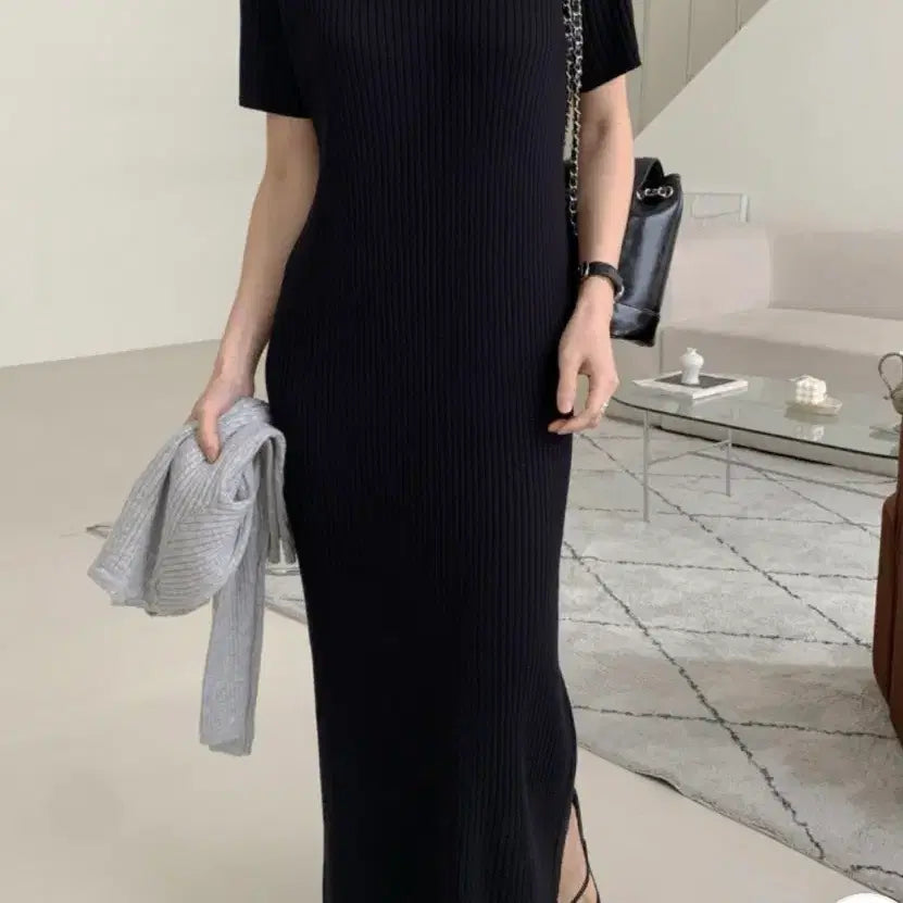 [BUNJANG] Ribbed Long Dress (Black) / 반팔 골지 롱 원피스 (블랙)