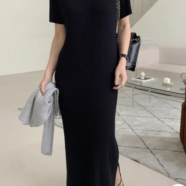 [BUNJANG] Ribbed Long Dress (Black) / 반팔 골지 롱 원피스 (블랙)