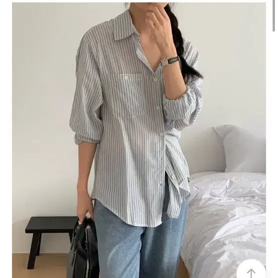 [BUNJANG] Zigzag Summer Stripe Long Sleeve Shirt / 지그재그 여름 스트라이프 긴팔 셔츠 살안타템