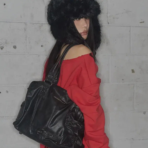 [BUNJANG] Fancy Club Belted Washed Leather Bag Black / 팬시클럽 벨티드 워싱 레더백 블랙