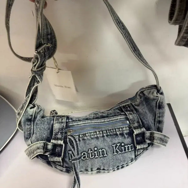 [BUNJANG] Matin Kim Washed Denim Crossbody Hobo Shoulder Bag / 마틴킴 Matin Kim 워시드 데님 크로스백 / 호보 숄더백