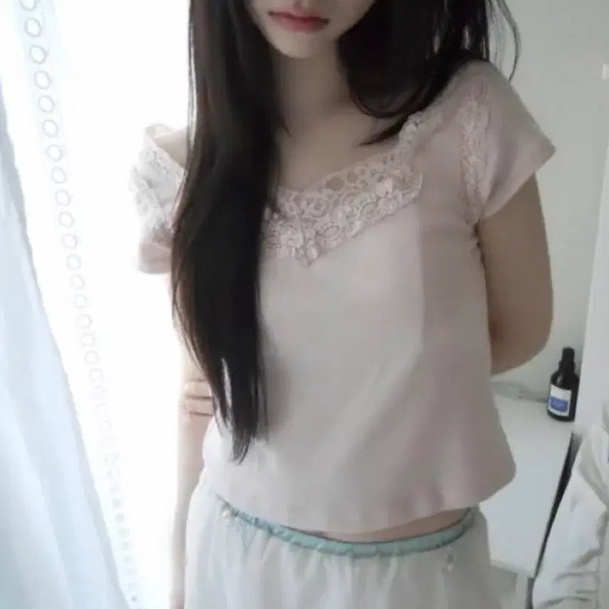 [BUNJANG] Vintage Lace Short Sleeve T-Shirt - Pink / 빈티지 레이스 반팔티 핑크