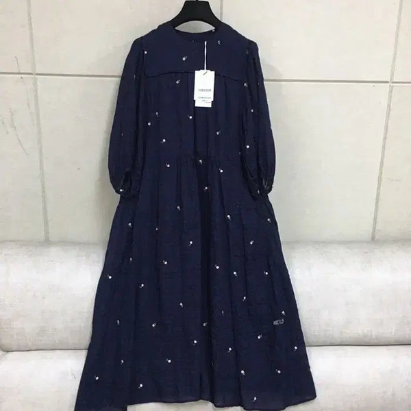 [BUNJANG] Thursday Island Navy Embroidered Three-Quarter Sleeve Cotton Maxi Dress / (새상품)써스데이아일랜드 정품 네이비 자수 칠부소매롱원피스 면원피스